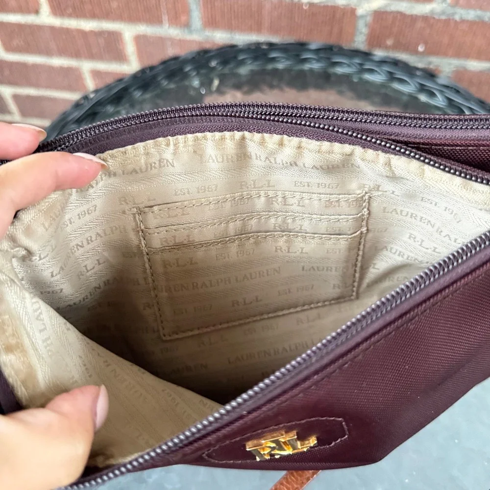 Lauren Ralph Lauren Burgundy Nylon Double Zip Crossbody Bag Burgundy Brown